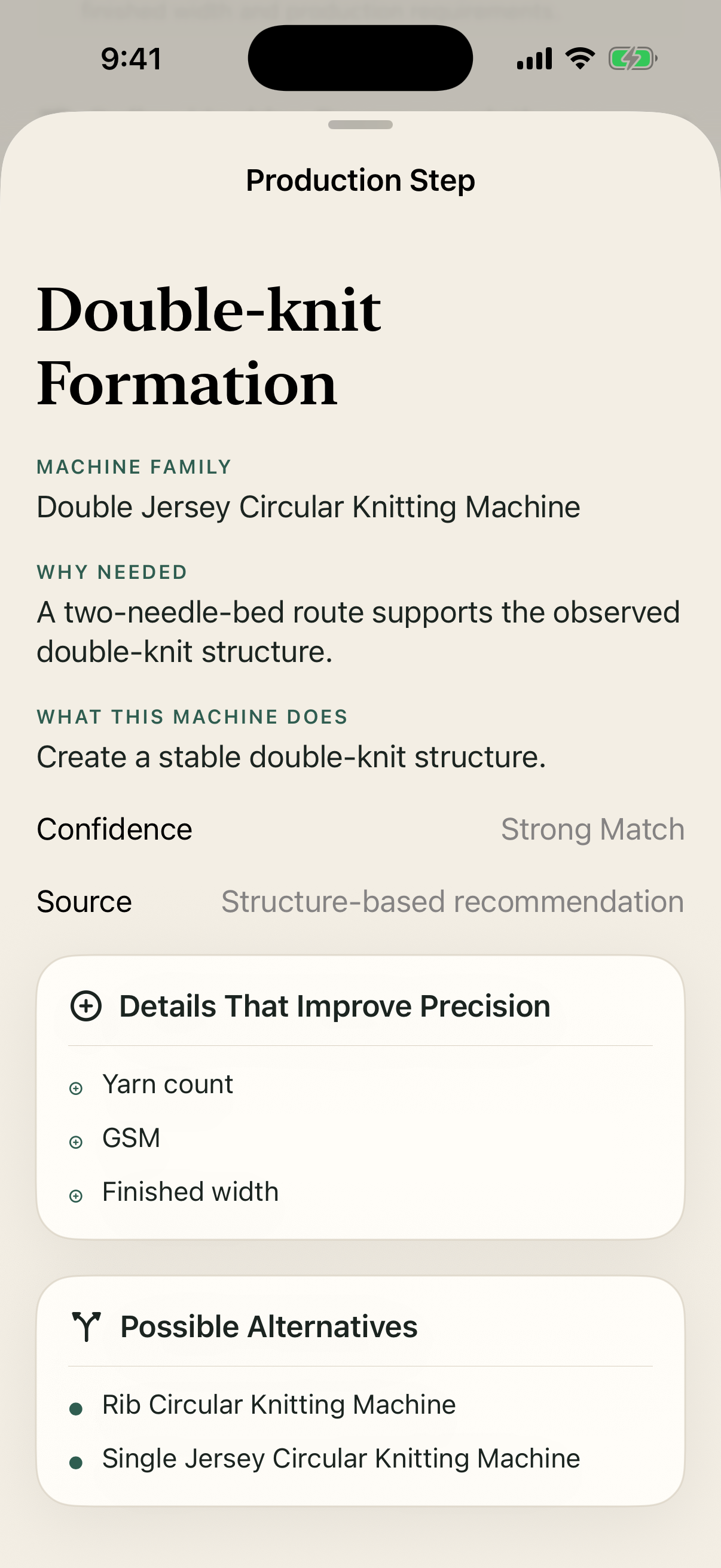 Demonstration production step explaining double-knit formation and machinery alternatives.