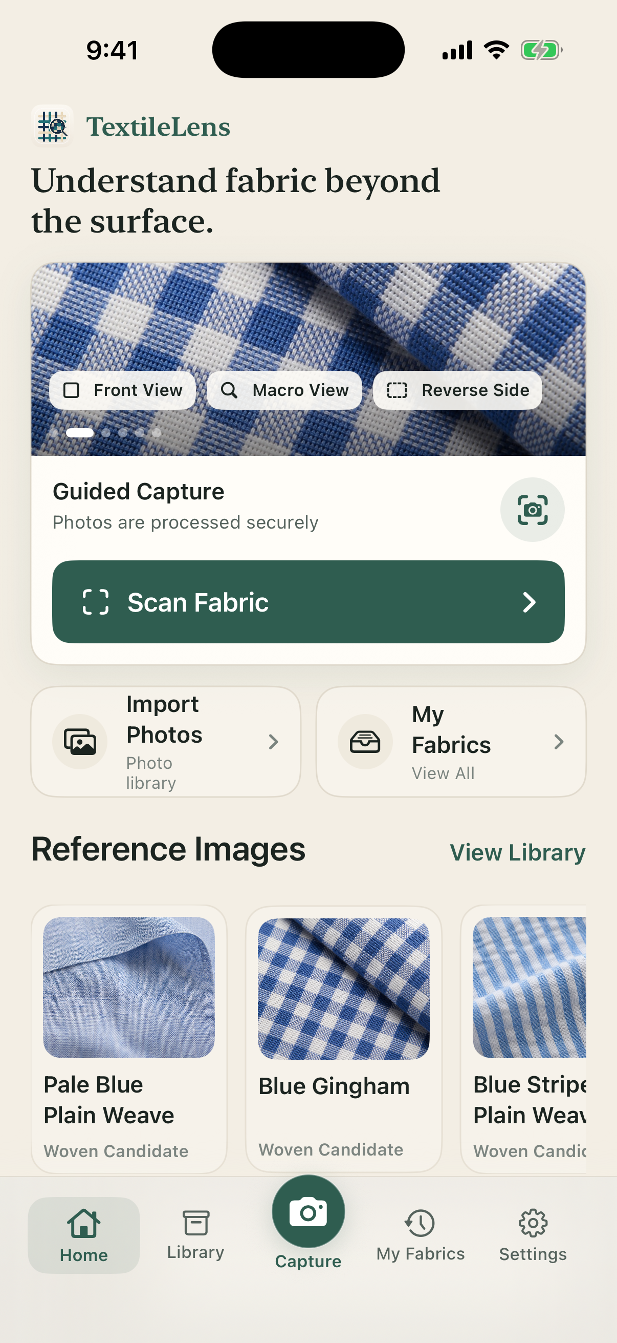 Home screen with capture, photo import, and fabric references.