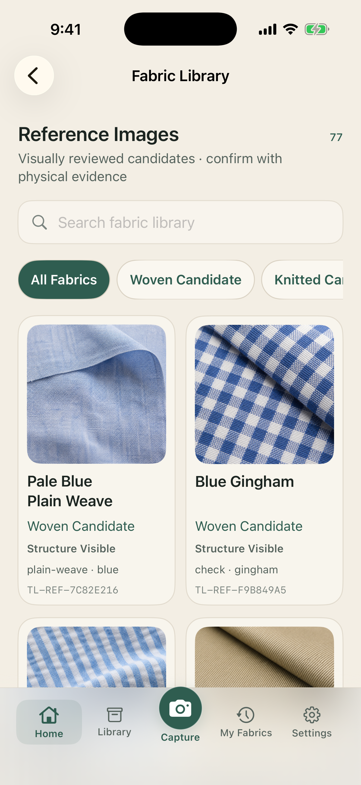 Fabric Library screen with woven sample references.