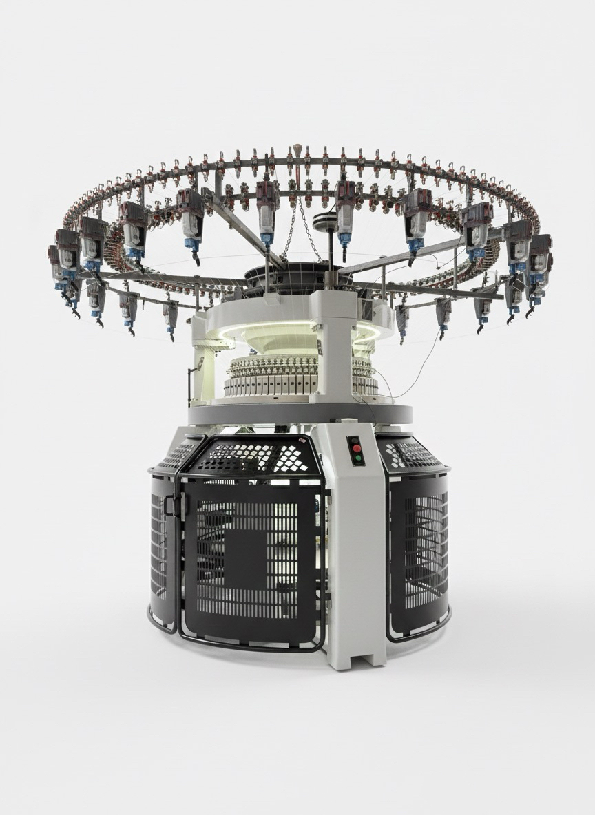 Angled view of textile equipment with a circular feeder ring